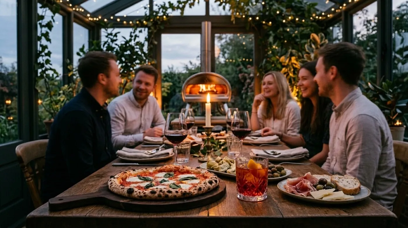 Gedeckter Tisch mit neapolitanischer Pizza, Antipasti und Rotwein – privates Dinner bei Kerzenlicht, im Hintergrund der glühende Pizzaofen