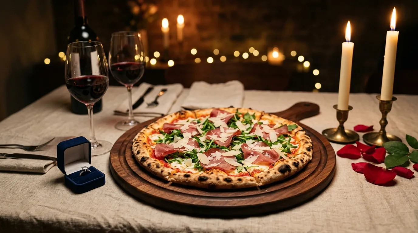 Romantisches Candle-Light-Dinner zu zweit: Neapolitanische Pizza mit Bresaola, Rucola und Grana in Slices auf einem runden Holzbrett, Rotweingläser und ein Verlobungsring im Kerzenlicht