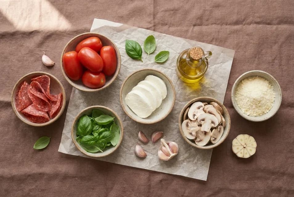 Ausgewählte italienische Pizza-Beläge: Tomaten, Büffelmozzarella und frisches Basilikum