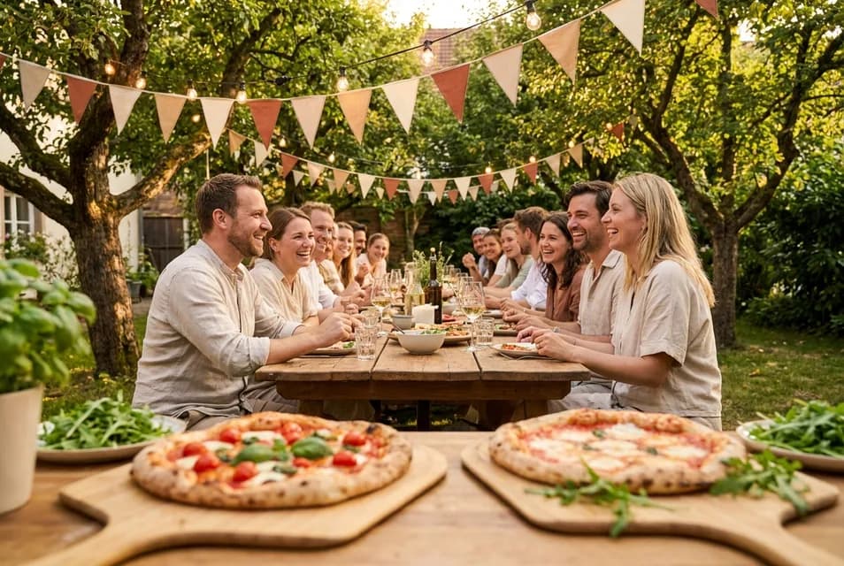 Sommerfest in der Luckauer Schweiz: Frisch gebackene Neapolitanische Pizza und italienische Spezialitäten auf dem Tisch