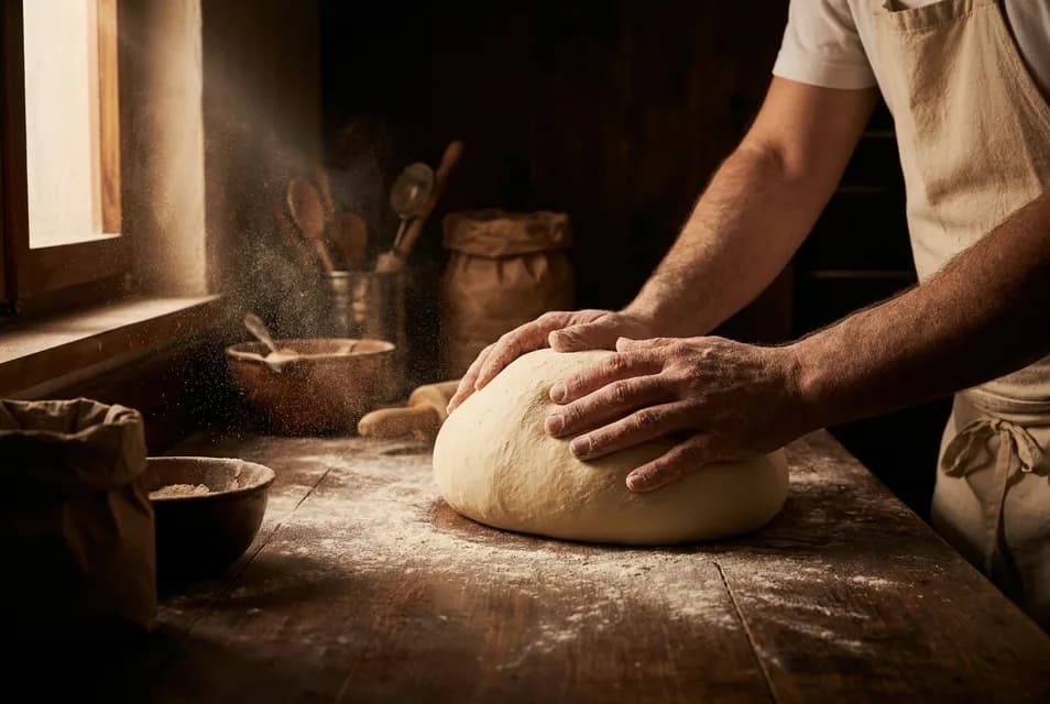 Pizzaiolo beim Ausrollen des neapolitanischen Pizzateigs — 48 Stunden gereift, von Hand gezogen