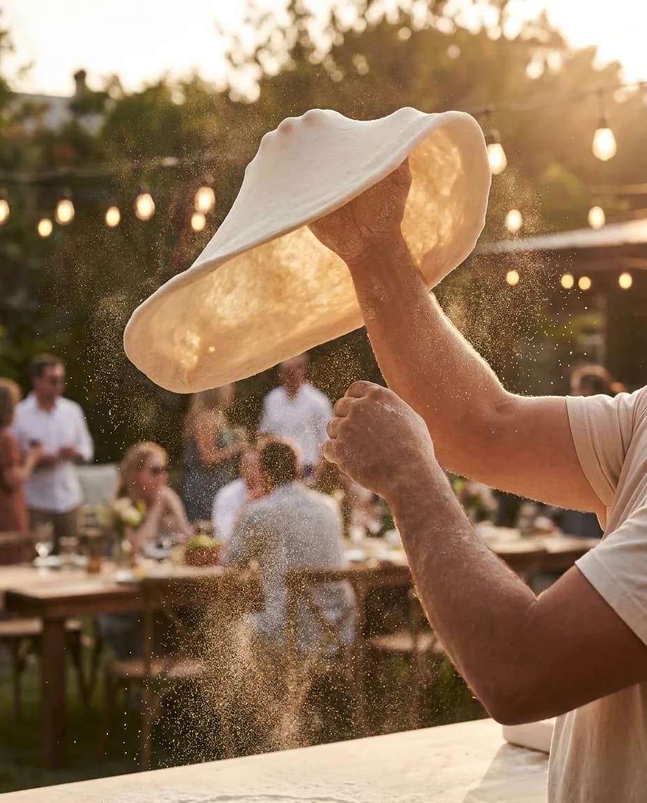 Frisch gezogener neapolitanischer Pizzateig in der Mehlwolke — die Grundlage jeder Pizza von 60 Napoli